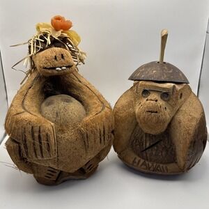 Coconut Monkeys Vintage Hand Carved Shell  Statues Jungle Exotic Decor